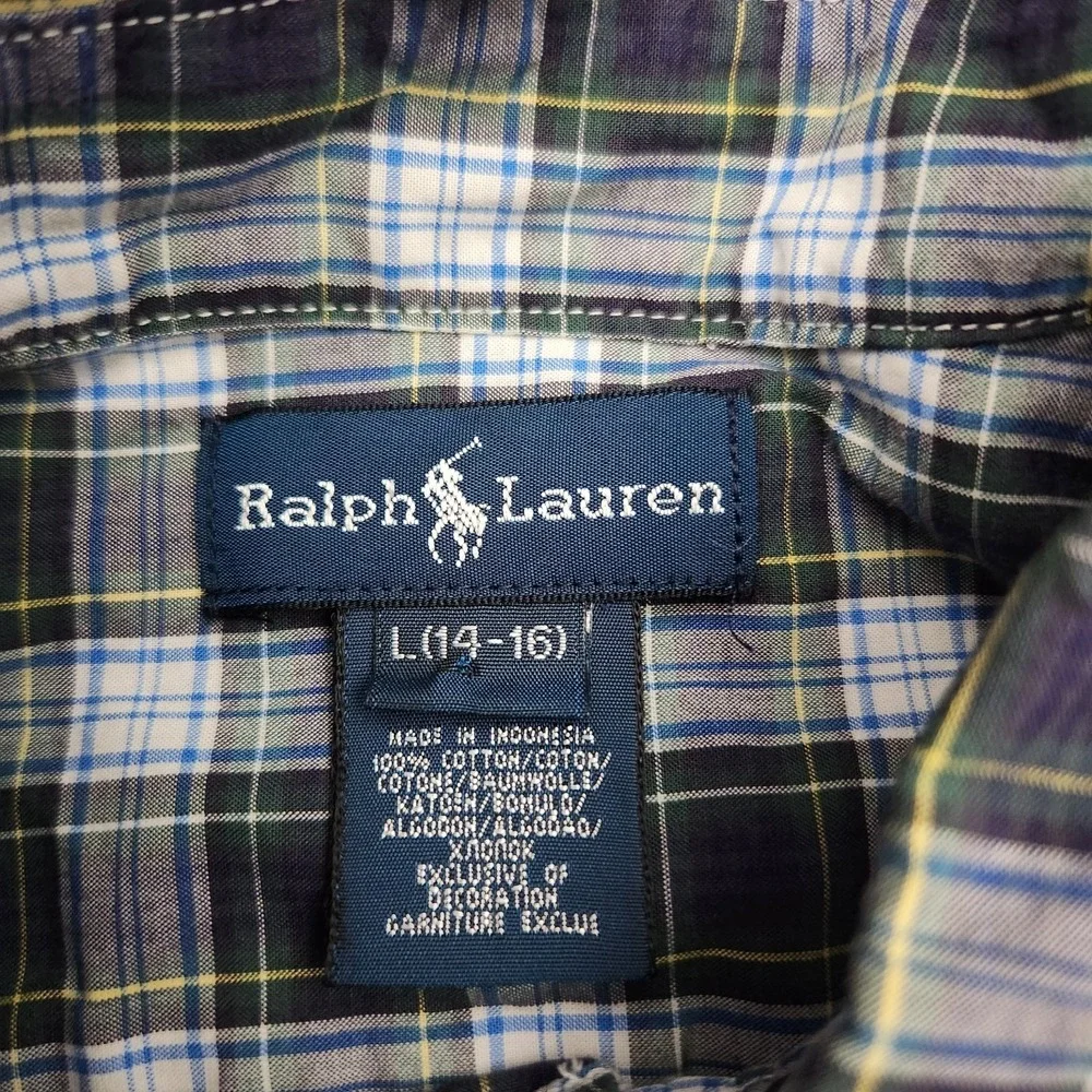 Ralph Lauren Boys Large 14-16 Green Blue Plaid Button Down‎ Shirt
